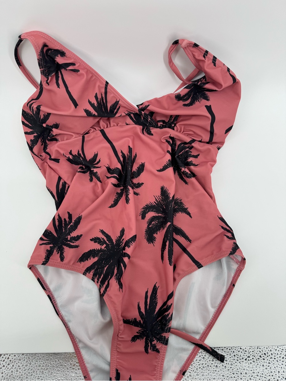 PatPat women’s coral Pink One-Piece Swimsuit Black Palm Print size Large NWT - Picture 4 of 7